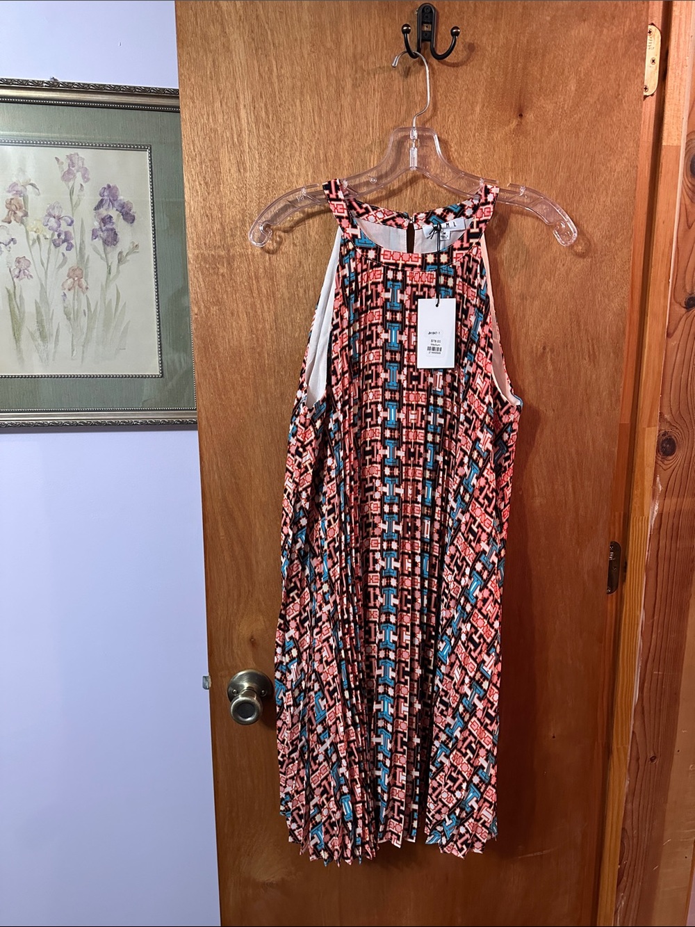THML Coral and Blue Printed Midi Halter Dress. Pleated design
